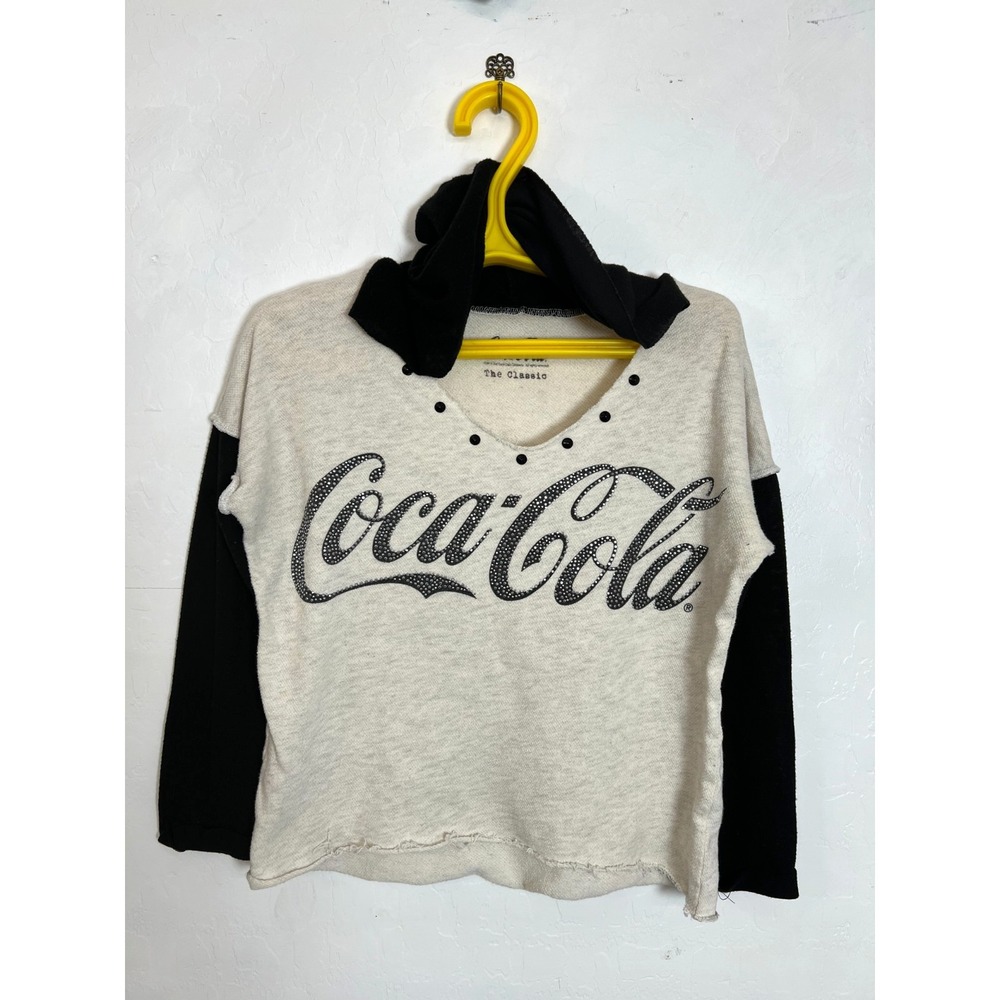 Coca-Cola The Classic Hooded Graphic Top Women's Sz M Cream Black Studded USA